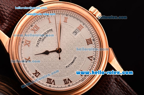 Patek Philippe Calatrava Swiss ETA 2836 Automatic Rose Gold Case and Brown Leather Strap White Dial with Roman Markers - Click Image to Close